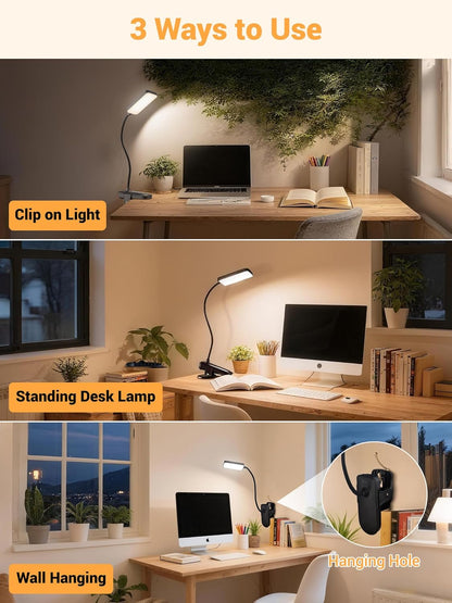 LuminGlow Pro Clip Lamp – Home Office Reading Light for Desktop Study, 9 Brightness 5 Color Rechargeable LED