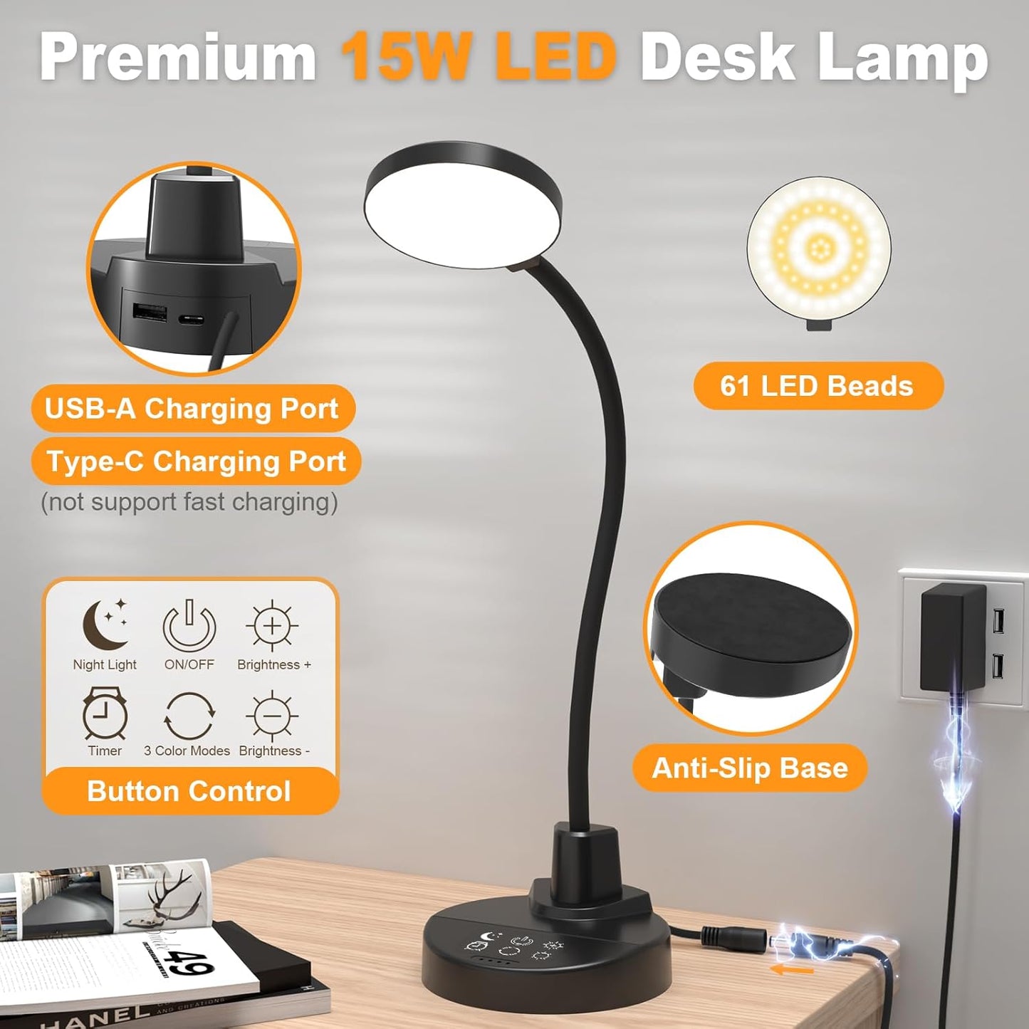 LUMINOAK TaskPro LED Desk Lamp – Home Office Focus Light with USB Charging, Timer & 3 Color Modes for Deep Work Sessions