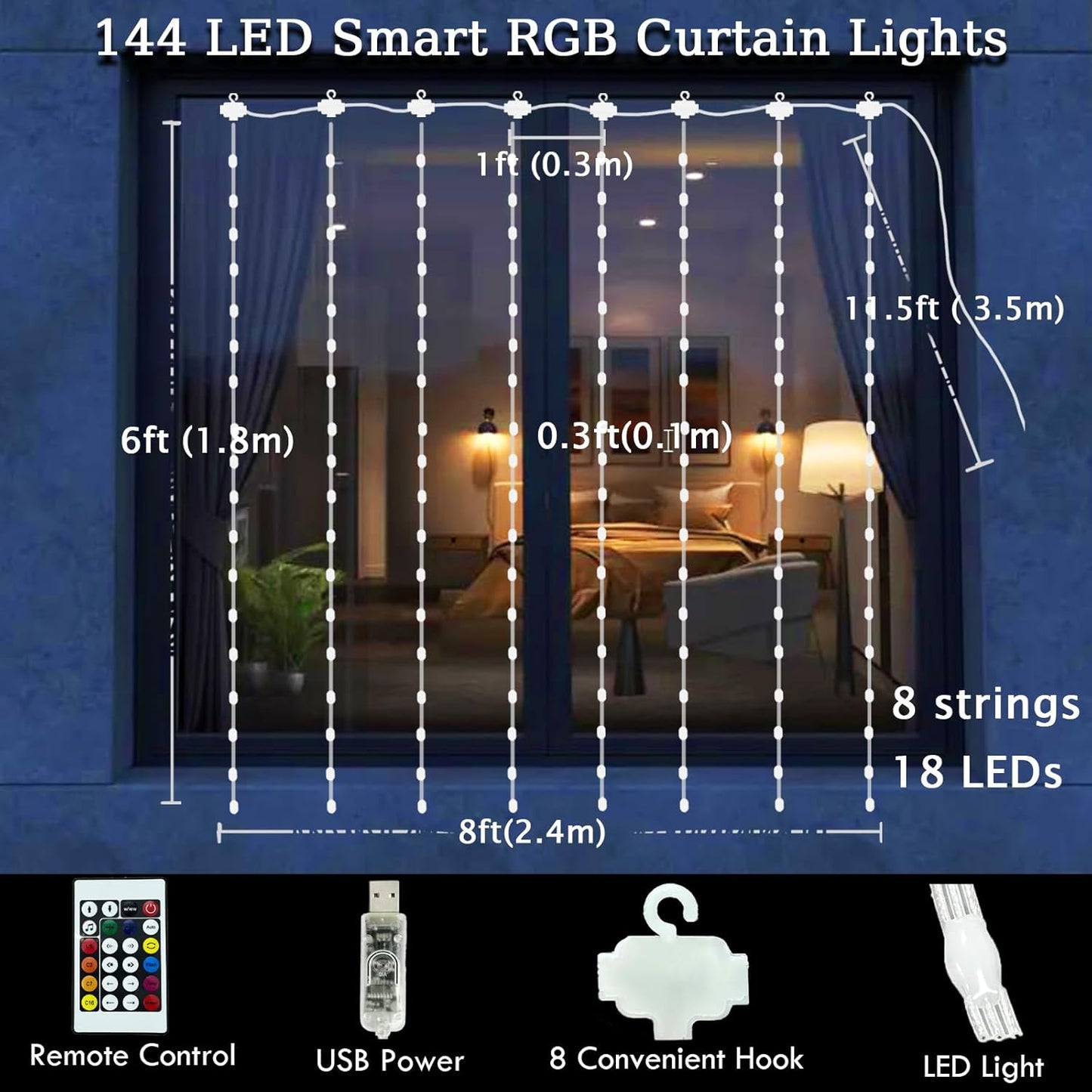 LuminVue Smart Curtain Lights – RGB Color Changing Bedroom Decor with App Control, 8ft x 6ft Window Wall Backdrop