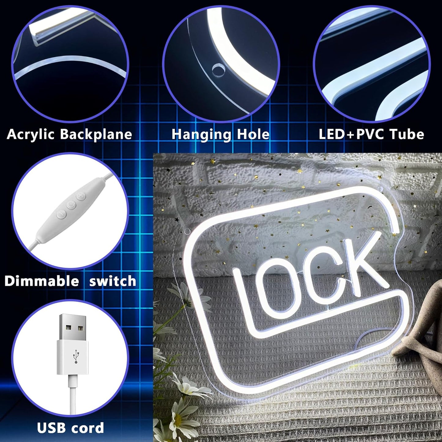 LUMIORA Lock Neon Sign – Safe Wall Light for Kids Playroom, Cool Touch LED Night Light for Gaming Corner
