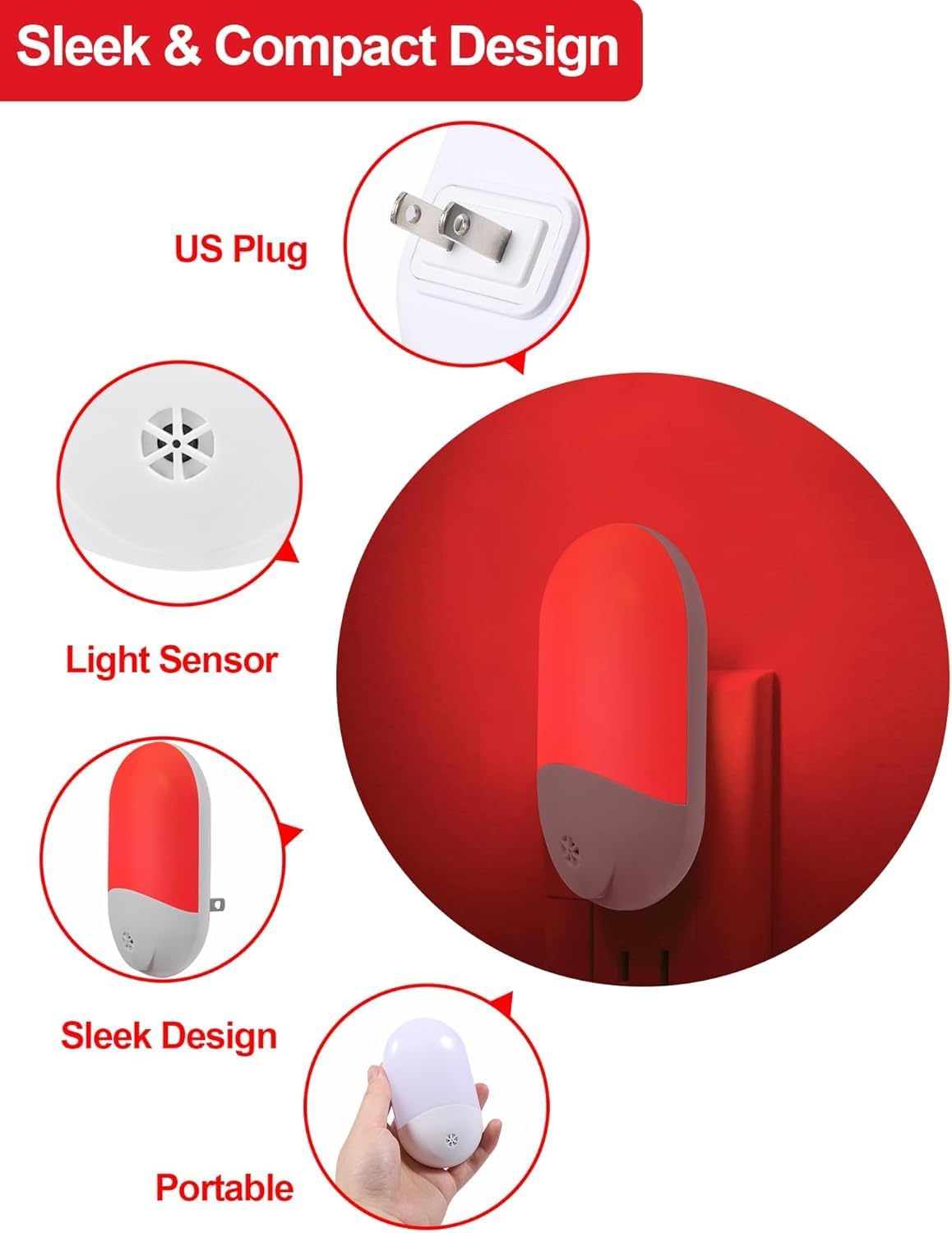 LumiRed 670nm Red Night Light for Baby Nursery and Kids Room, Dusk to Dawn Sleep Therapy Plug-in