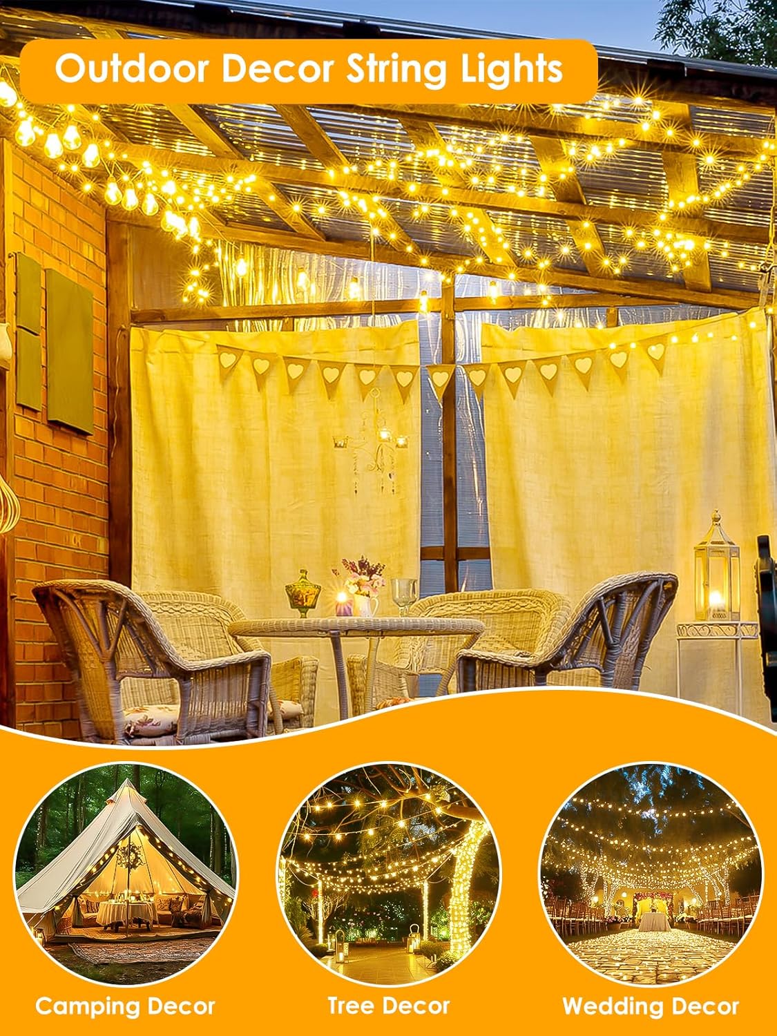 LumiWeave Waterproof LED Fairy Lights Outdoor 66ft – IP44 String Lights for Patio Garden Porch and Backyard, 8 Modes with UL588 Adapter