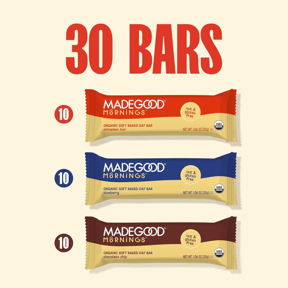 MadeGood Mornings Soft-Baked Oat Bars – Individually Wrapped Commute Snack for the Office Desk Drawer, 30 Bars