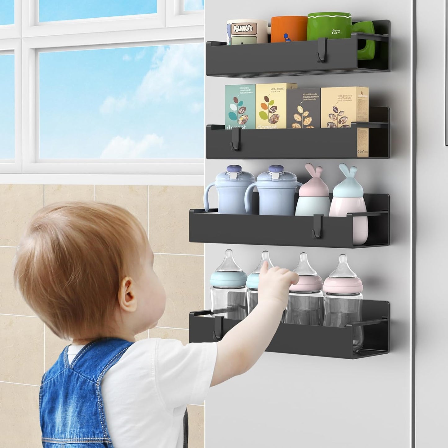 MagnetBrand Magnetic Spice Rack for Refrigerator – 4-Tier Minimalist Kitchen Organizer, Matte Black Wall-Free Storage