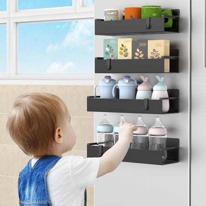 MagnetBrand Magnetic Spice Rack for Refrigerator – 4-Tier Minimalist Kitchen Organizer, Matte Black Wall-Free Storage