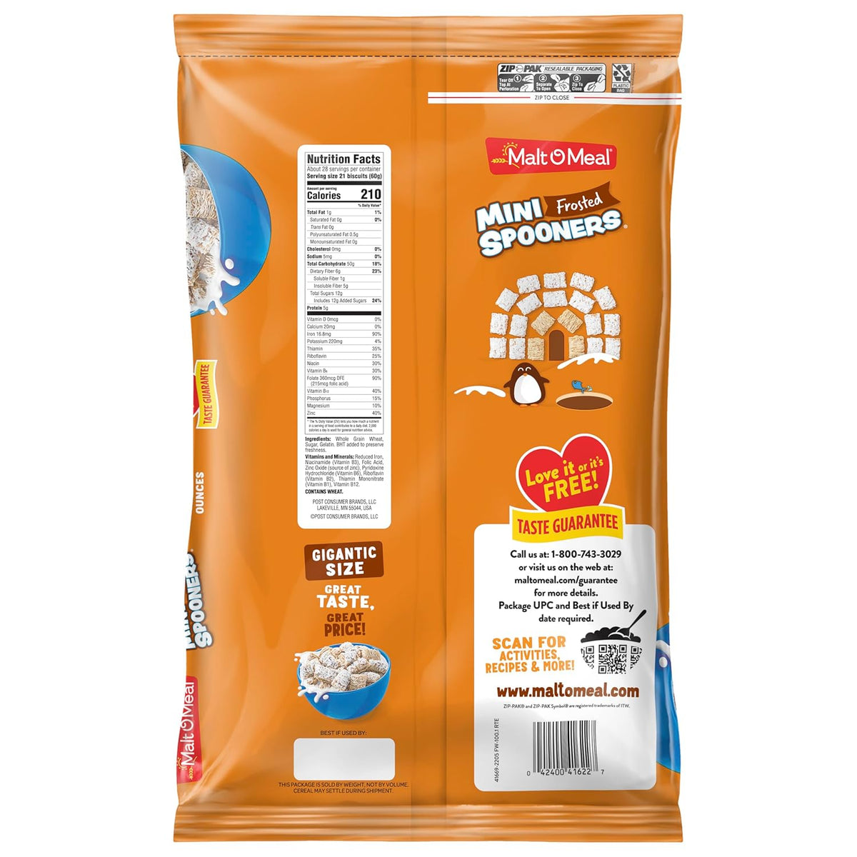 Malt-O-Meal Frosted Mini Spooners Shredded Wheat Cereal, 60 oz Bulk Bag – Sweet Frosted Breakfast Squares Kids Love to Eat Dry or with Milk