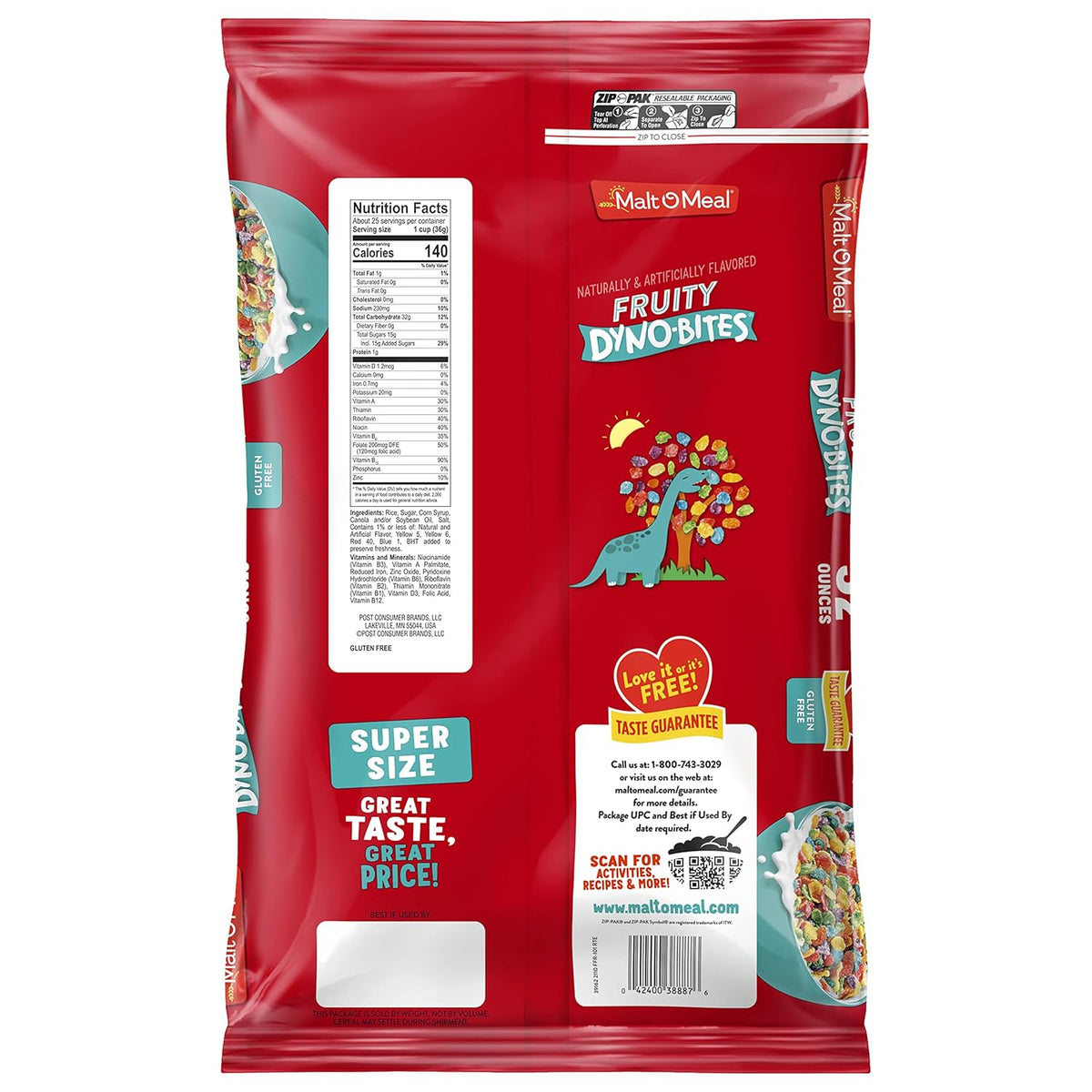 Malt-O-Meal Fruity Dyno Bites Cereal, Kid Friendly Dinosaur Shaped Breakfast Cereal for Family Mornings, 32 OZ Bag