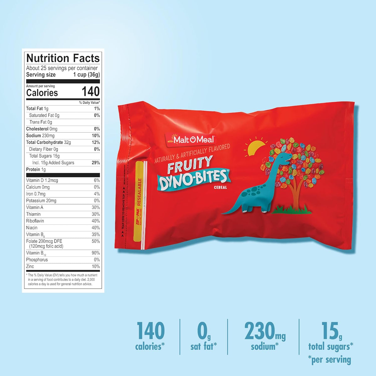 Malt-O-Meal Fruity Dyno Bites Cereal, Kid Friendly Dinosaur Shaped Breakfast Cereal for Family Mornings, 32 OZ Bag