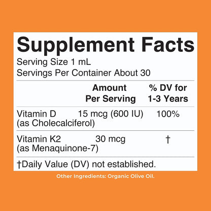 MARYRUTH'S Non-GMO Vegan D3 K2 Liquid Drops for Toddlers, GMP Certified and Free from Dairy Nuts Gluten and Soy