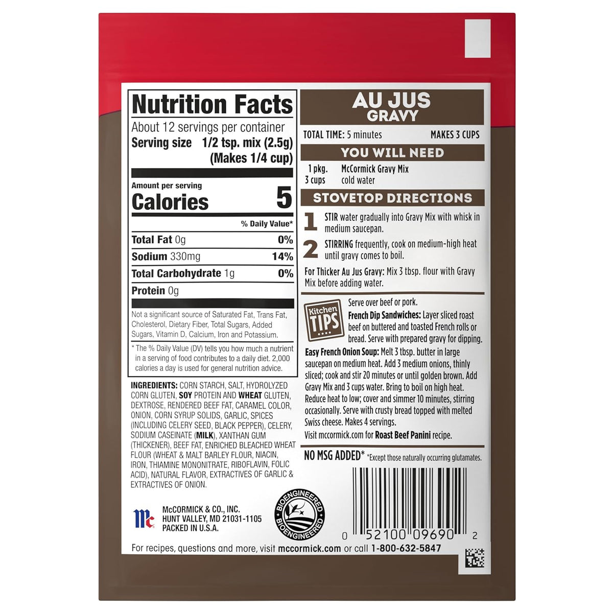 McCormick Au Jus Gravy Mix – Family-Friendly Brown Gravy for Kid-Approved Mashed Potatoes and Roasts, 1 oz