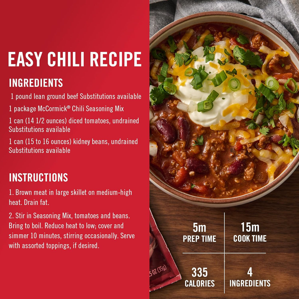 McCormick Original Chili Seasoning Mix for Busy Home Cooks, Fast 20-Minute Pantry Staple
