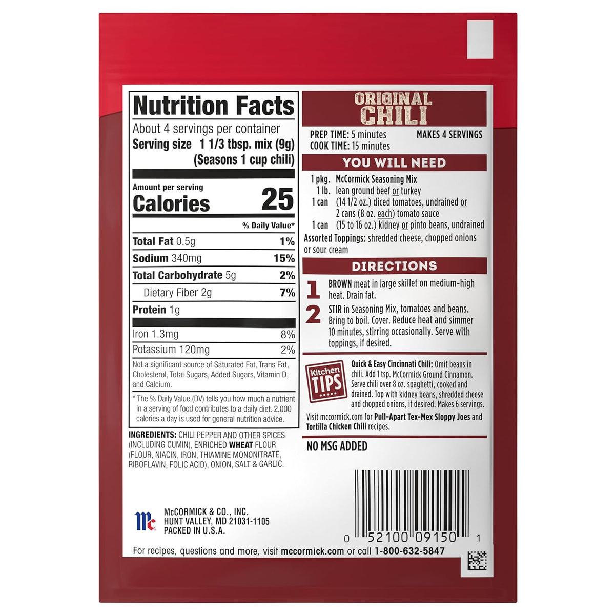 McCormick Original Chili Seasoning Mix for Busy Home Cooks, Fast 20-Minute Pantry Staple