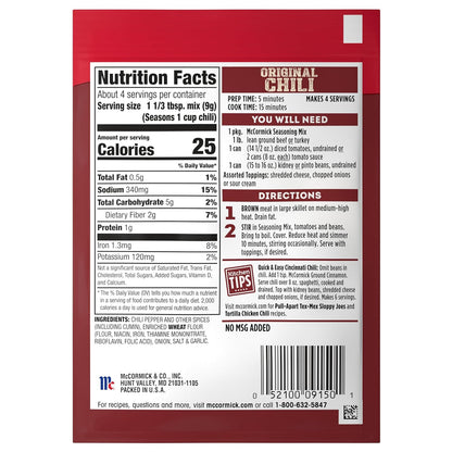 McCormick Original Chili Seasoning Mix for Busy Home Cooks, Fast 20-Minute Pantry Staple