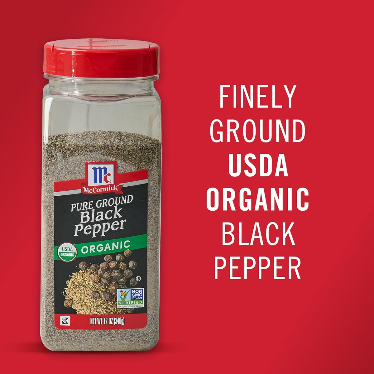 McCormick Pure Ground Organic Black Pepper – Non-GMO Pantry Essential for Mindful Home Cooks, 12 oz