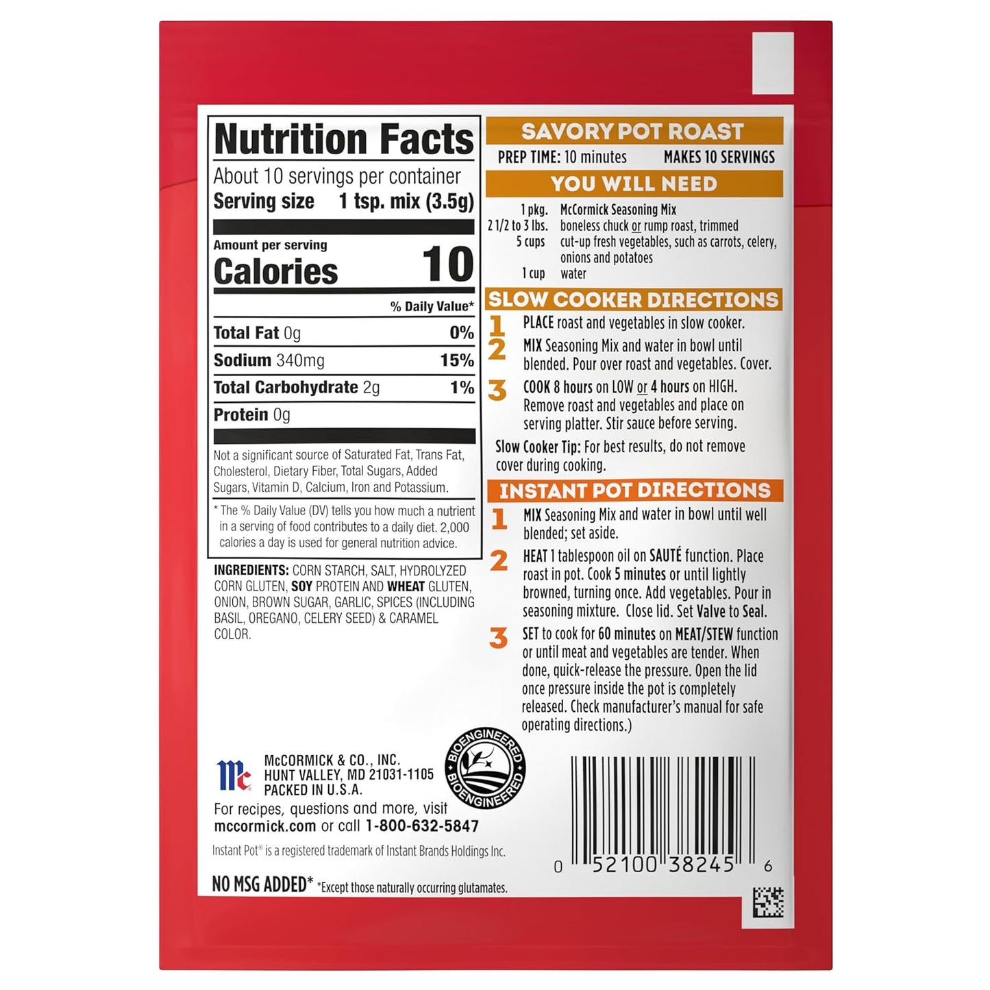 McCormick Slow Cooker Savory Pot Roast Seasoning – Family-Friendly No MSG Dinner for Picky Eaters