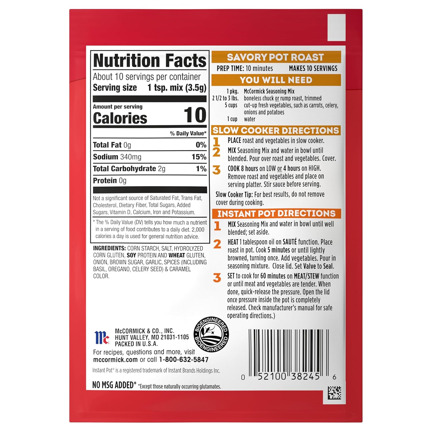 McCormick Slow Cooker Savory Pot Roast Seasoning – Family-Friendly No MSG Dinner for Picky Eaters