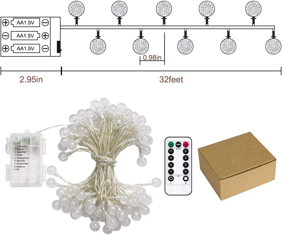 Metaku Globe Fairy Lights Battery Operated LED String Lights Crystal Globe Bulbs for Bedroom Living Room Mantel Decor Warm White 33ft