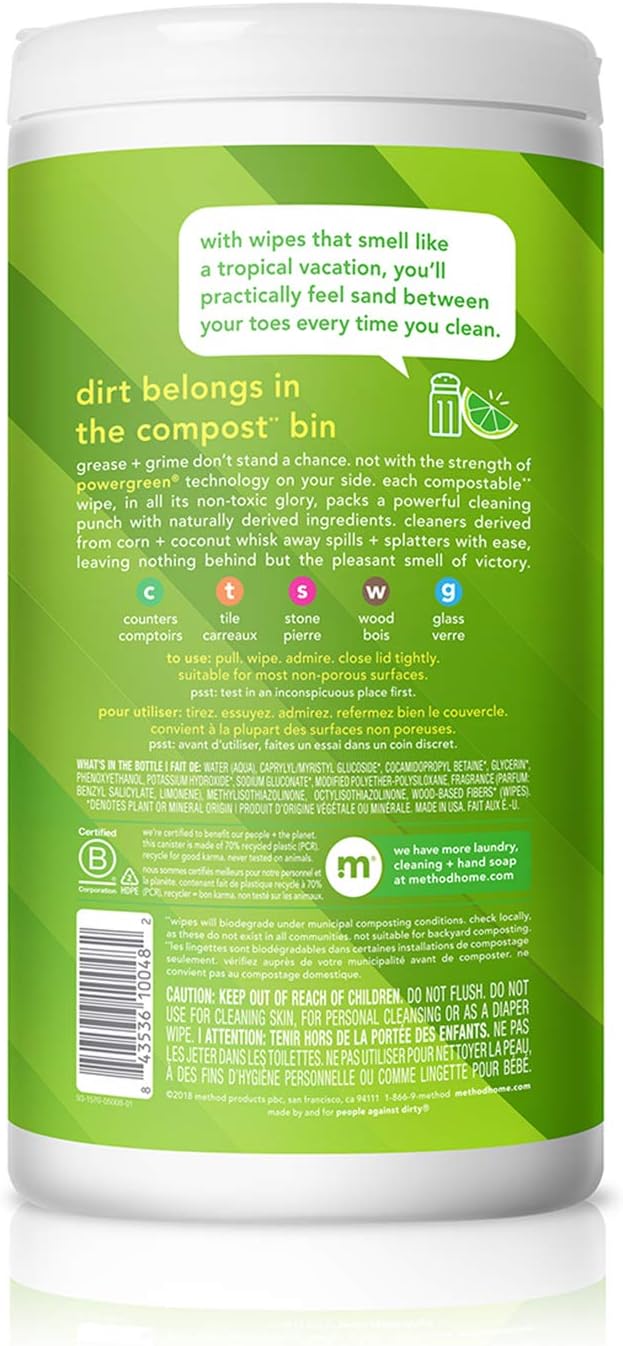 Method Lime & Sea Salt All-Purpose Wipes for an Uncluttered Kitchen, One-Canister Replacement for Sprays and Towels