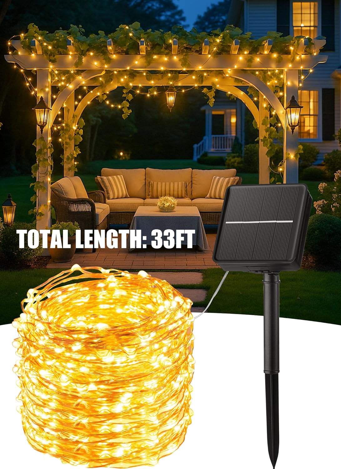 Minetom Solar String Lights Outdoor, 33Ft 100 LED Waterproof Fairy Lights for Patio Camping and Backyard Gatherings