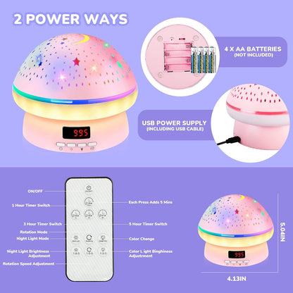 MINGKIDS Star Night Light Projector – Birthday Gift for 3-8 Year Old Girls, Gift-Ready Pink Kawaii Mushroom Lamp