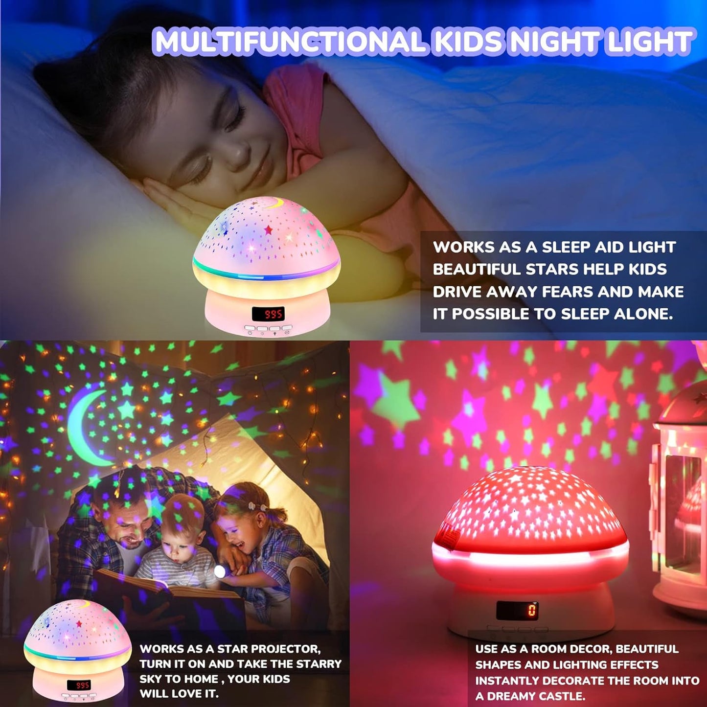 MINGKIDS Star Night Light Projector – Birthday Gift for 3-8 Year Old Girls, Gift-Ready Pink Kawaii Mushroom Lamp