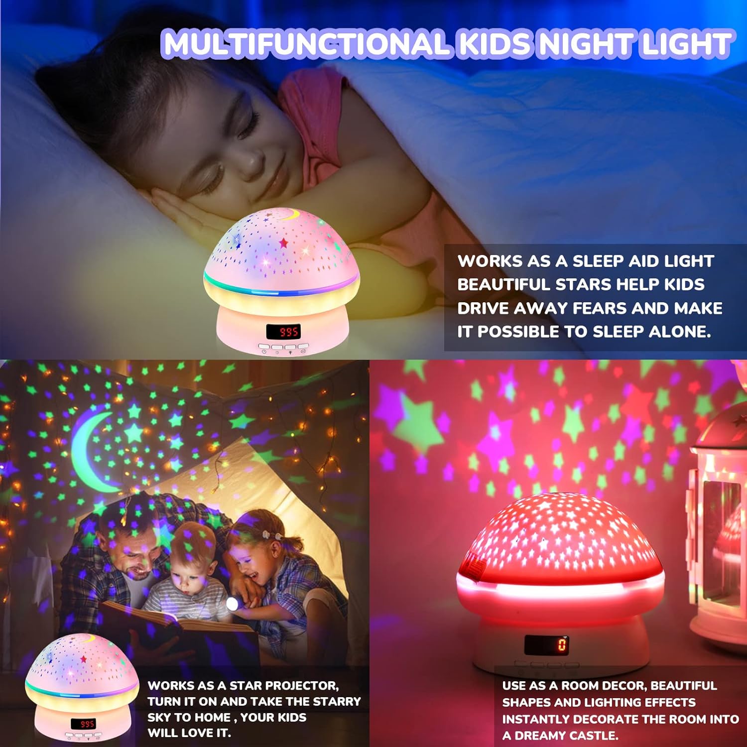 MINGKIDS Star Night Light Projector – Birthday Gift for 3-8 Year Old Girls, Gift-Ready Pink Kawaii Mushroom Lamp