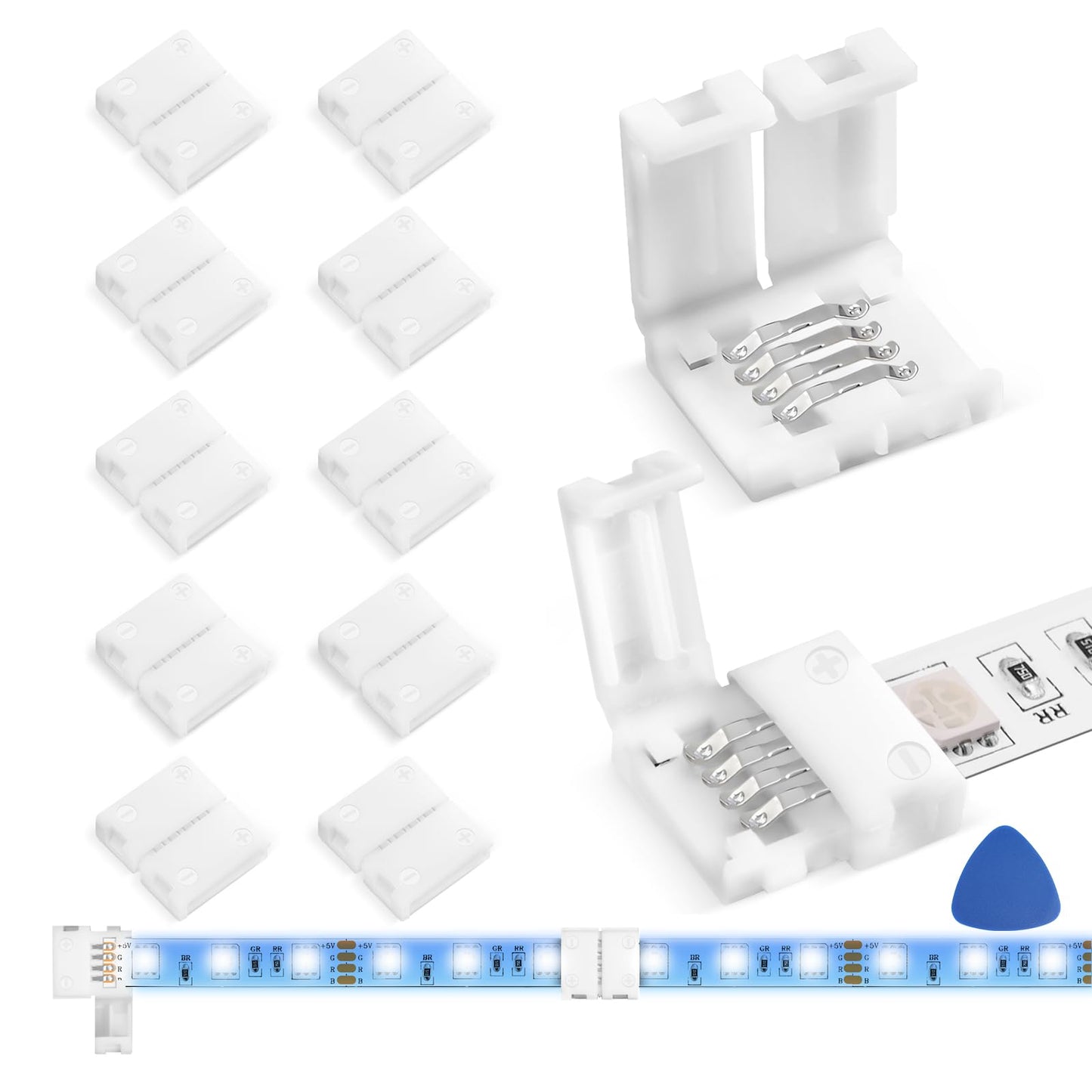 MISSOURI 10-Pack L-Shape 4-Pin LED Strip Connectors – Solderless Corner Solution for Living Room Ambient Lighting, Fits 10mm RGB 2835 3528 5050 Strips