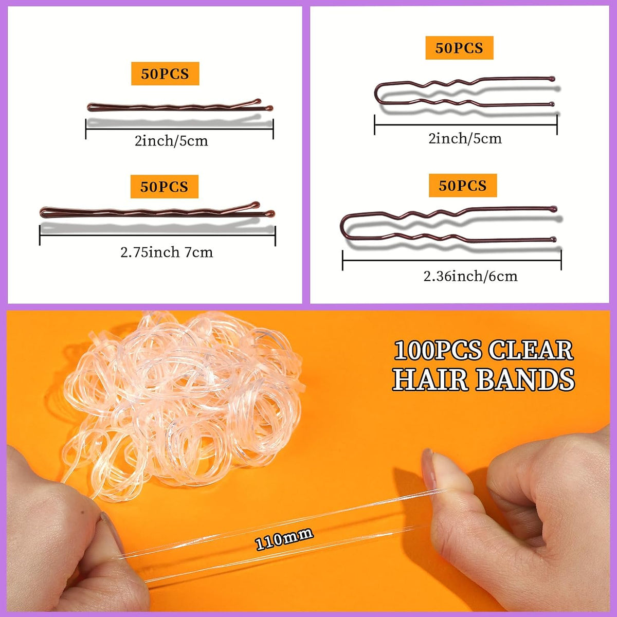 mixed u-shape and standard bobby pin shapes to handle thin, thick, layered, and bun hairstyles