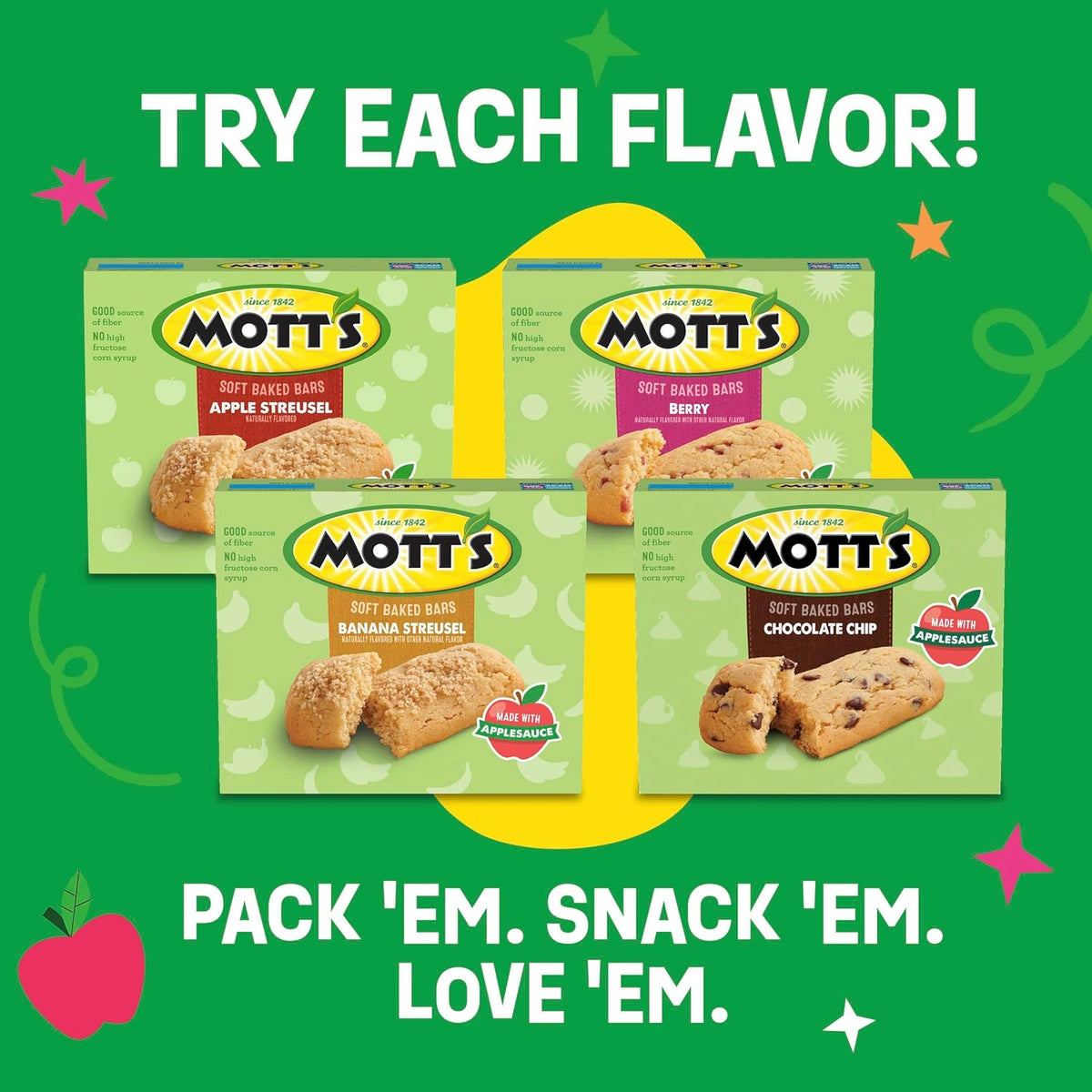 Mott's Soft Baked Bars – After-School Treat for Kids, Soft Cookie Bar 6-Count Box