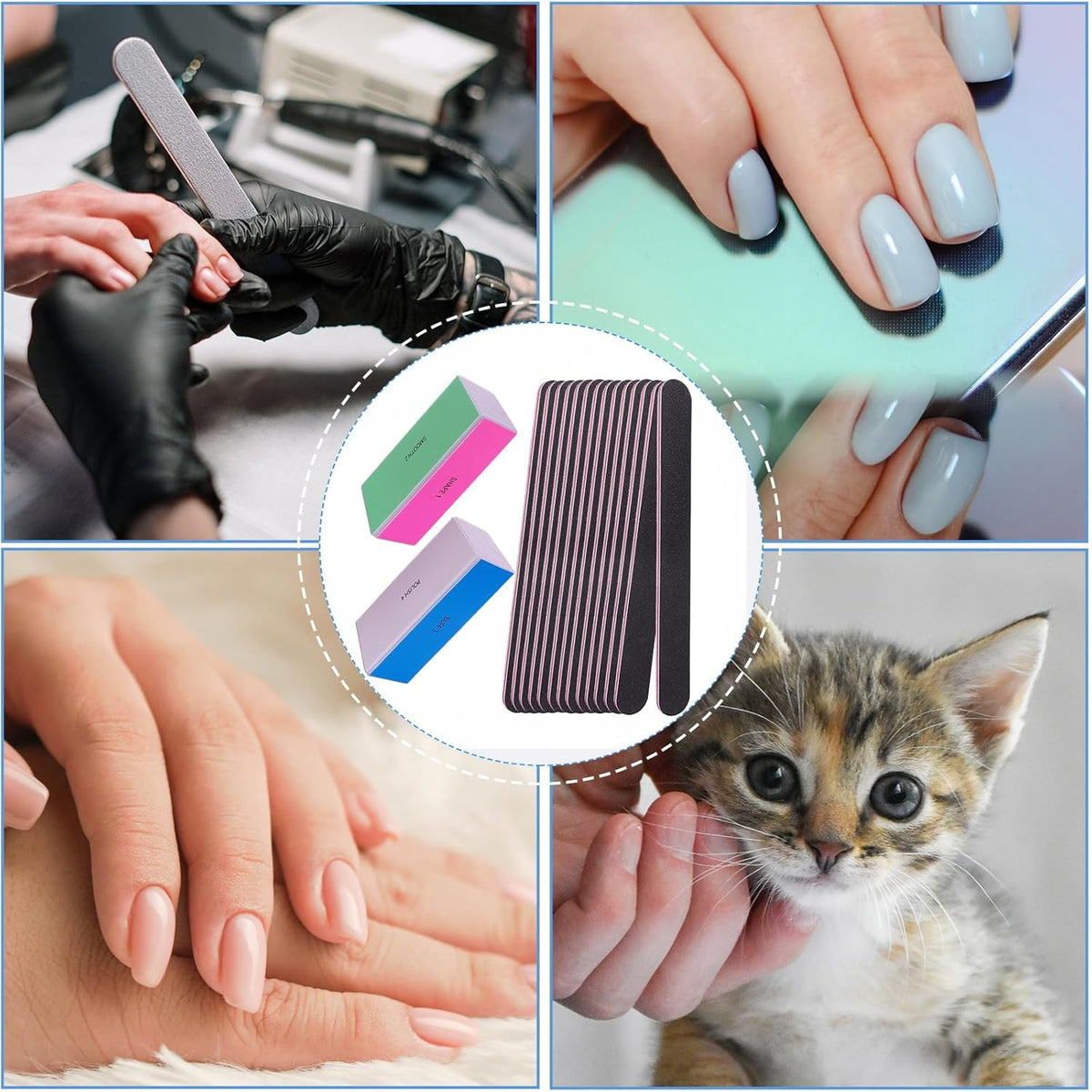 multi-grit selection (100/120/240/600/3000) suitable for both natural nails and acrylic extensions