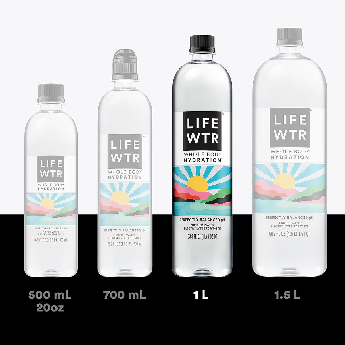 multiple pack configurations: 16.9oz (12-pack), 20oz (20-pack), 23.67oz (12-pack), 33.8oz (6-pack)