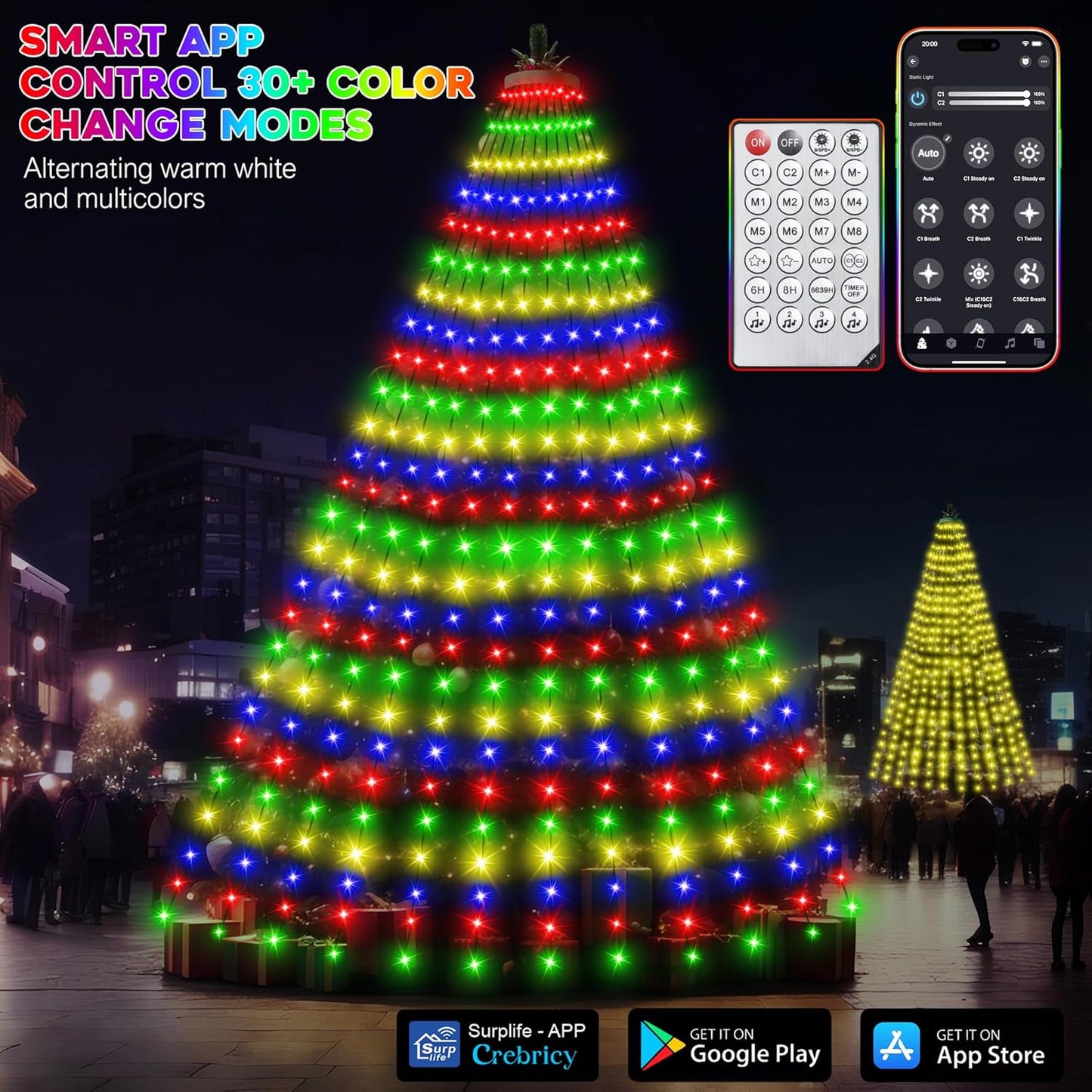 music sync function driven by phone playback or onboard microphone, plus schedule/group-control for multiple sets