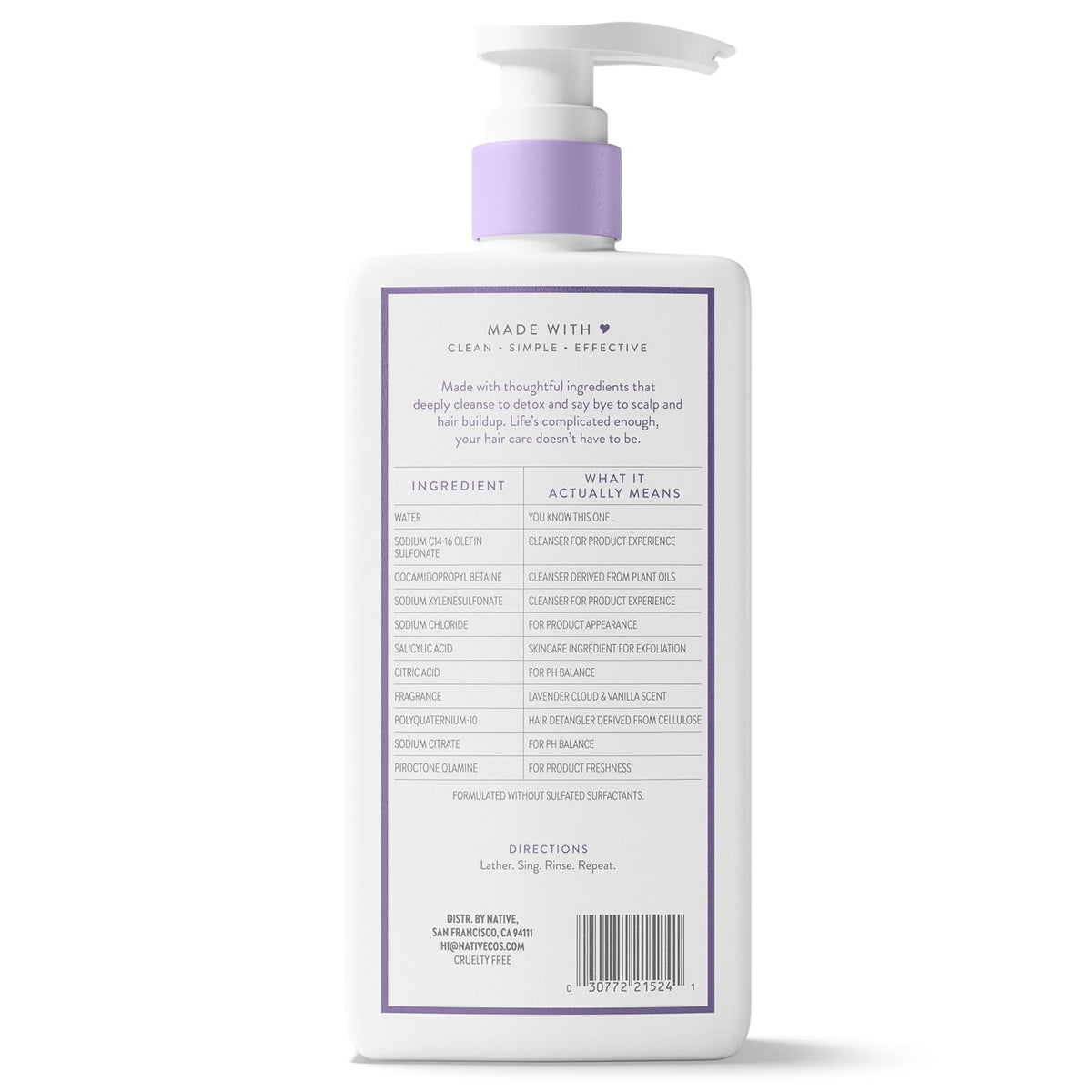 Native Scalp Detox Shampoo Lavender Cloud & Vanilla 16.5 fl oz – Evening Wind-Down Self-Care Ritual for Home Bathroom