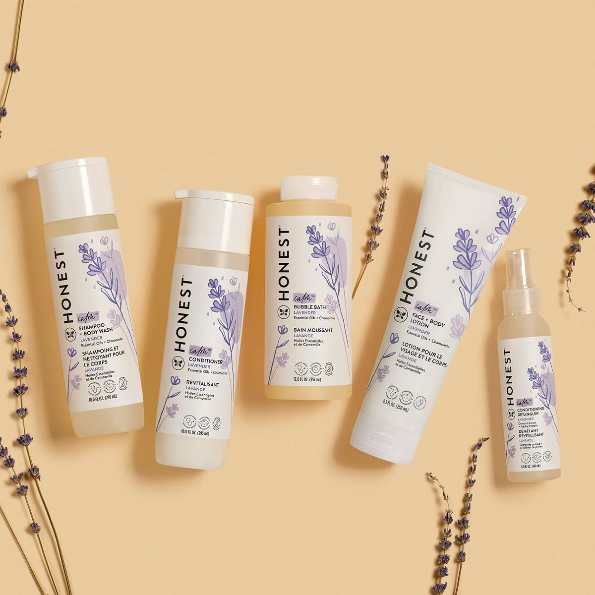naturally derived botanical blends per variant: lavender + chamomile (calm), jojoba + almond (nourish), citrus + vanilla + coconut (refresh), calendula + aloe (sensitive)