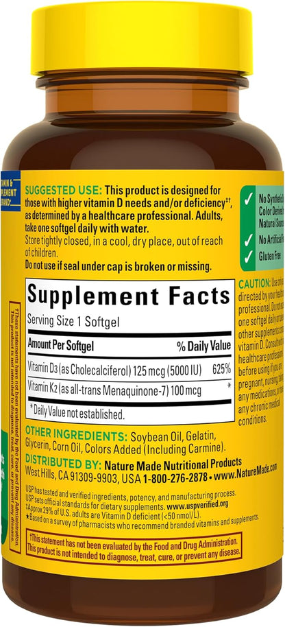 Nature Made Vitamin D3 K2 5000 IU – Single Softgel Daily Supplement for Simple Routines