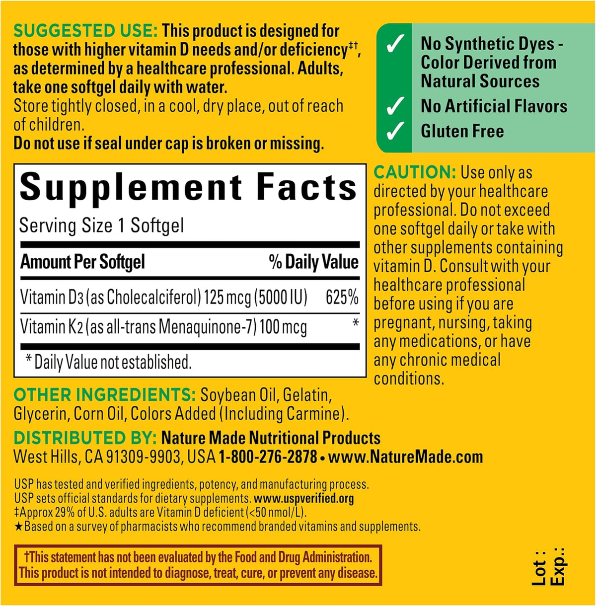 Nature Made Vitamin D3 K2 5000 IU – Single Softgel Daily Supplement for Simple Routines