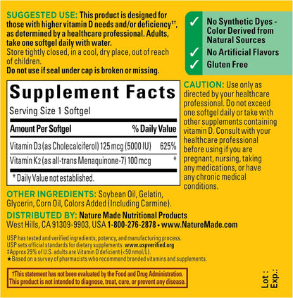 Nature Made Vitamin D3 K2 5000 IU – Single Softgel Daily Supplement for Simple Routines