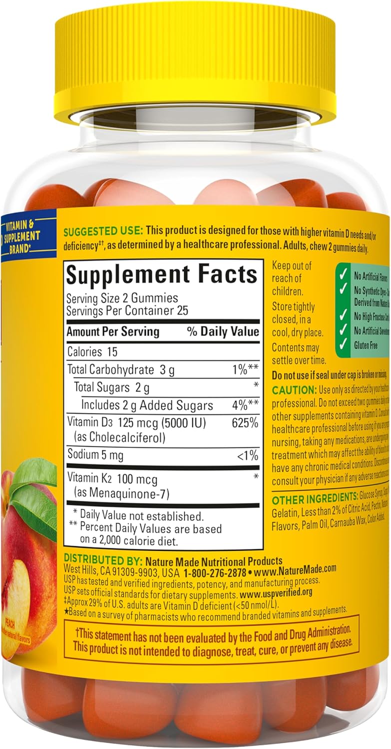 Nature Made Vitamin D3 K2 Gummies – Daily Self-Care Supplement, Peach-Flavored Chewable for Adults Prioritizing Healthy Aging
