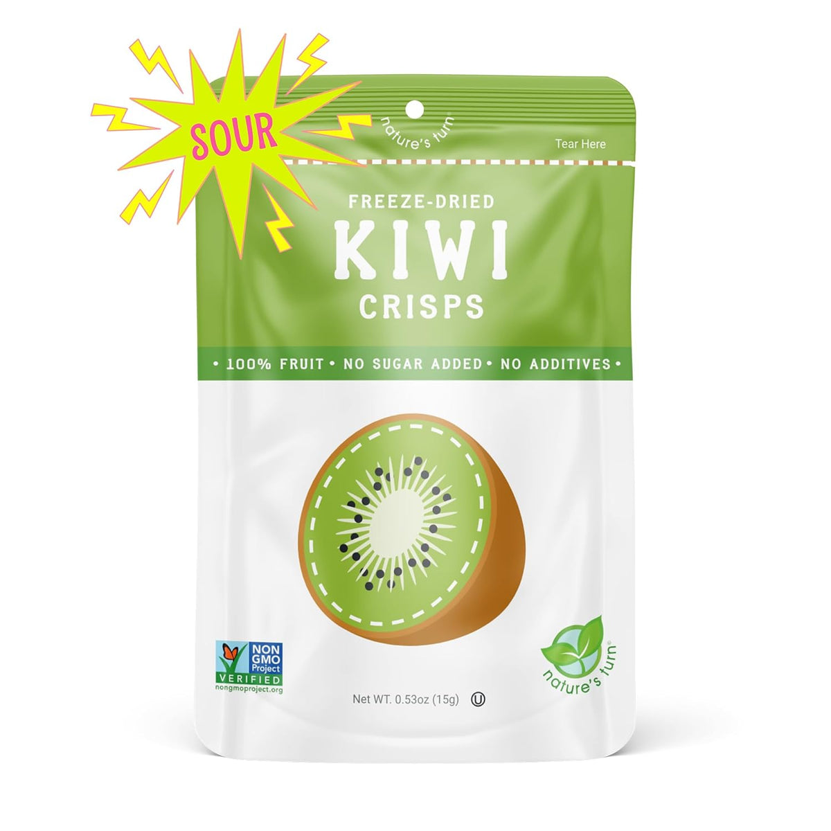 Nature's Turn Sour Kiwi Freeze-Dried Fruit – After-School Snack for Children, No Added Sugar, 0.53 oz Bags