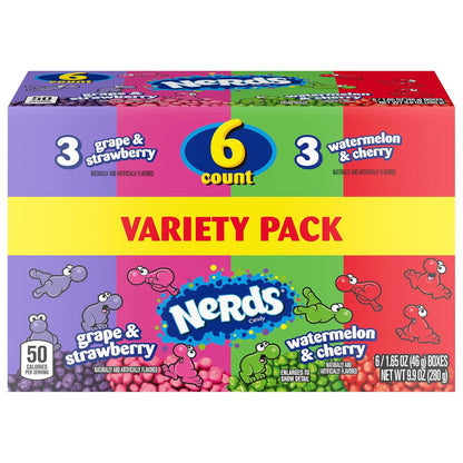 NERDS Dual Variety Pack – Lunchbox Treat for School Kids, Grape Strawberry Watermelon Cherry Crunchy Candy, 6 Boxes