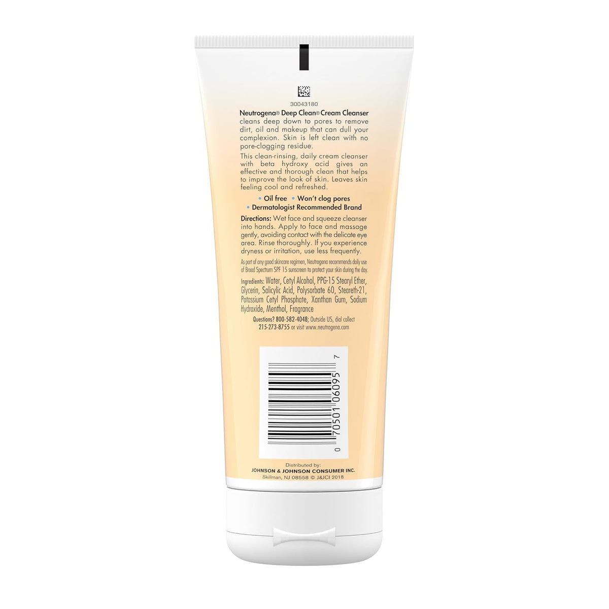 Neutrogena Deep Clean Daily Facial Cream Cleanser with Beta Hydroxy Acid for Calming Nightly Skincare Ritual, Removes Dirt Oil & Makeup, 7 fl. oz