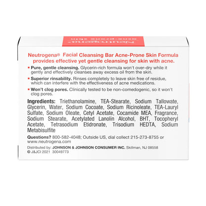 Neutrogena Facial Cleansing Bar for Acne-Prone Skin – Gentle Daily Bar for a Calming Nightly Skincare Ritual