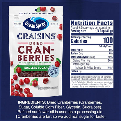 Ocean Spray Craisins 50% Less Sugar Dried Cranberries – Clean-Label Yogurt and Salad Topping for Wellness Routines, 5 oz Pouches, 12 Pack