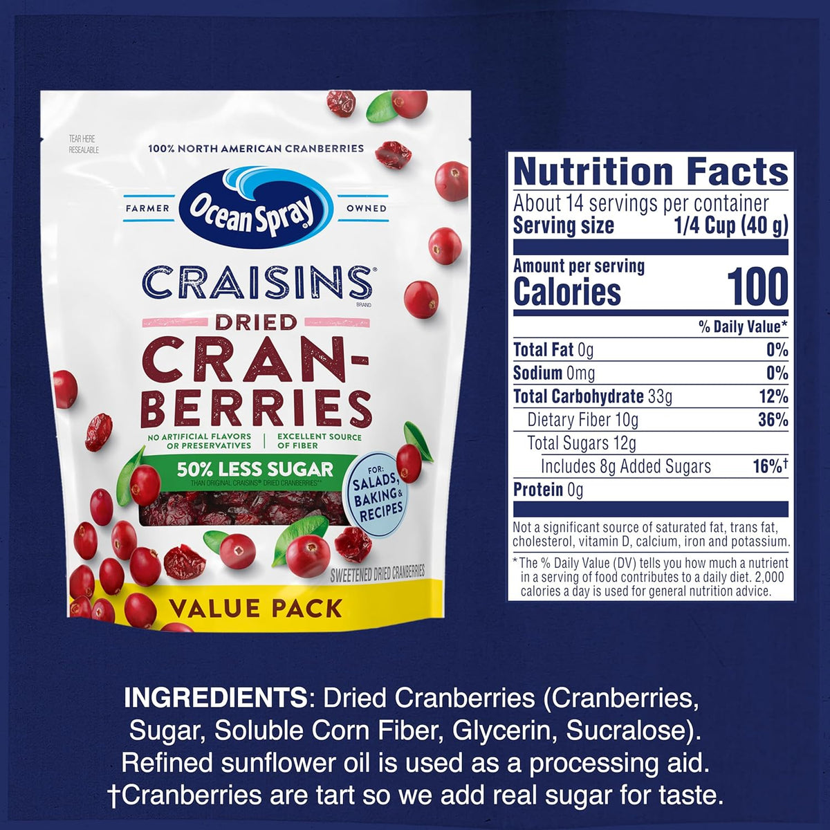 Ocean Spray Craisins 50% Less Sugar Dried Cranberries — Lower Sugar Snack for Hot Cereal Overnight Oats and Greek Yogurt Parfaits
