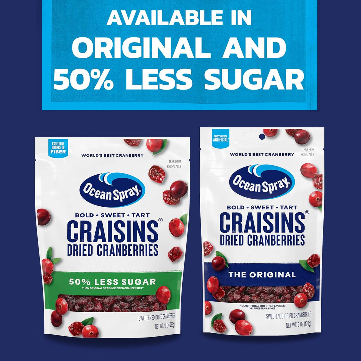Ocean Spray Craisins 50% Less Sugar Dried Cranberries — Lower Sugar Snack for Hot Cereal Overnight Oats and Greek Yogurt Parfaits