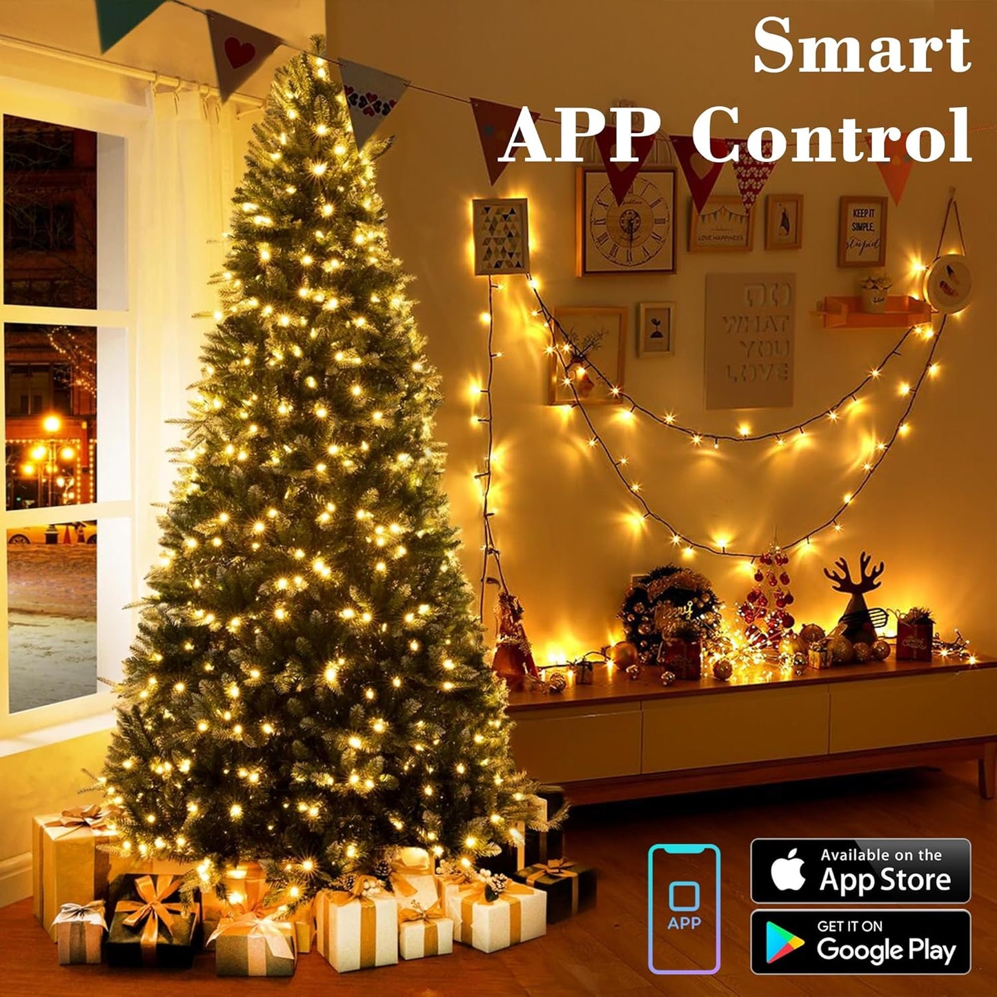 ODEETRONIC Smart Christmas Tree Lights 98 ft 300 LED Color Changing String – Living Room Holiday Centerpiece with App and Voice Control