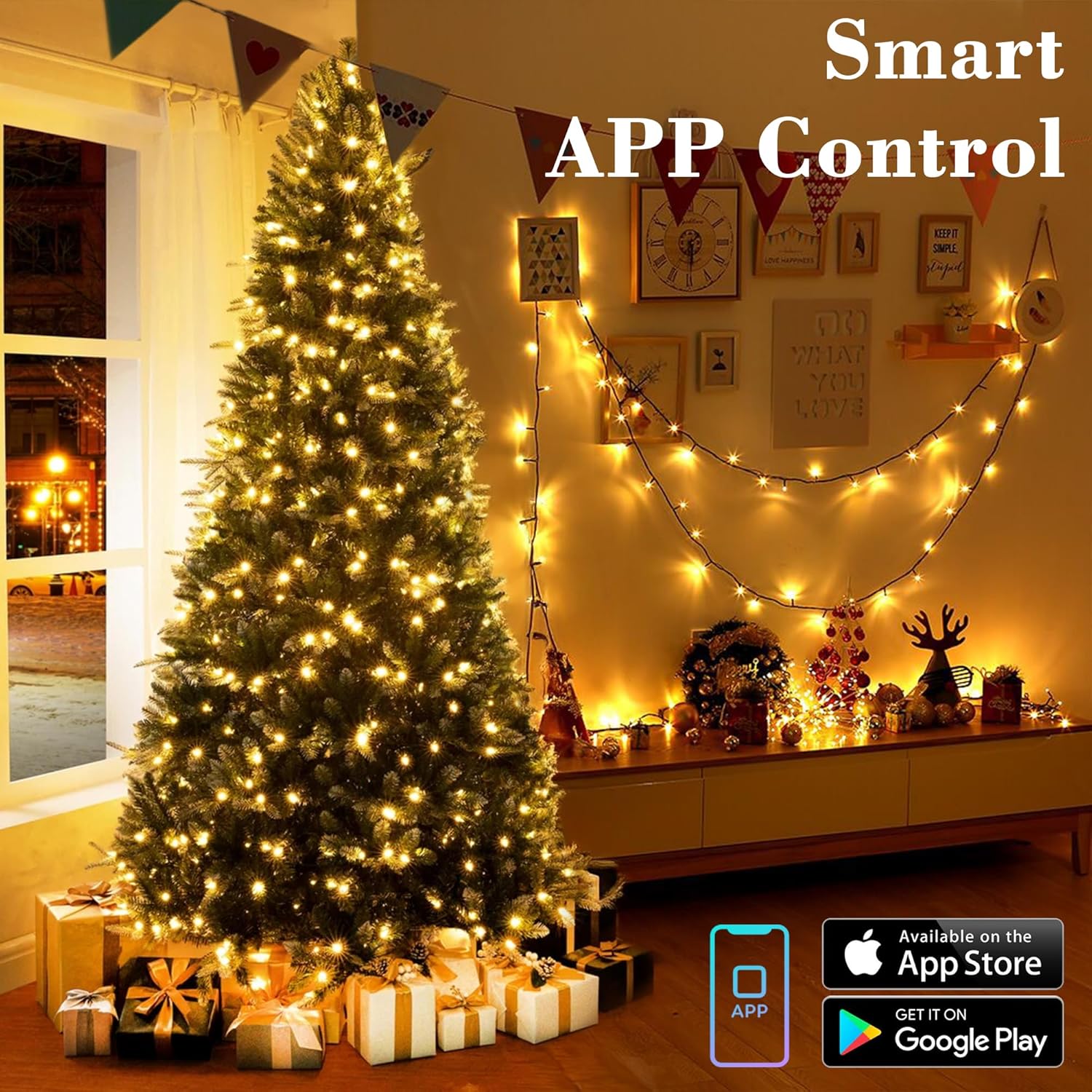ODEETRONIC Smart Christmas Tree Lights 98 ft 300 LED Color Changing String – Living Room Holiday Centerpiece with App and Voice Control