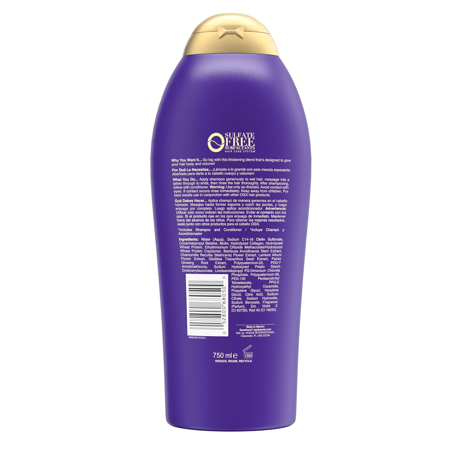 OGX Extra Strength Biotin & Collagen Shampoo – Simple One-Step Volume for an Uncluttered Shower, 25.4 fl oz