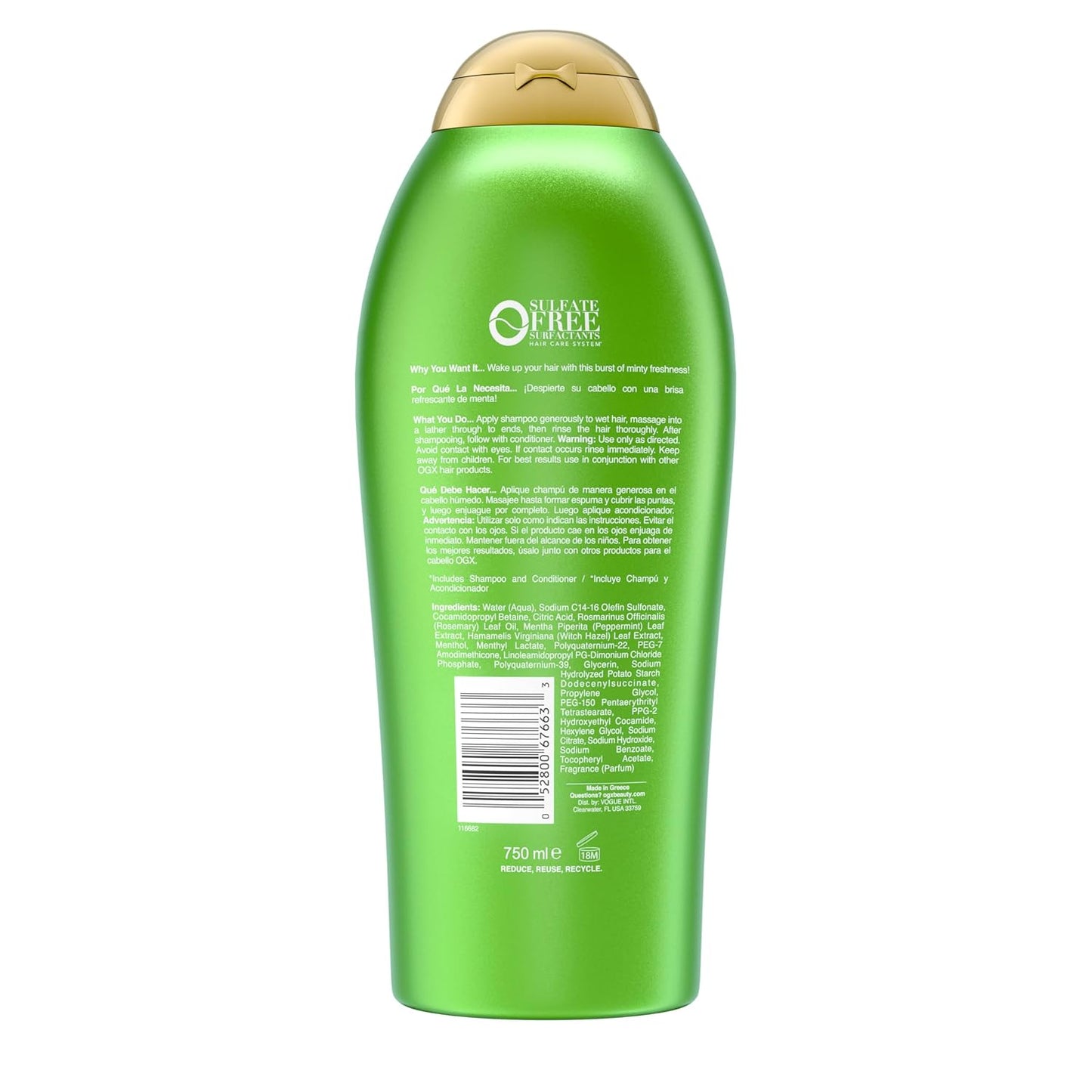 OGX Extra Strength Refreshing Scalp + Rosemary Mint Shampoo – Clean Ingredient Daily Clarifying Wash for Uncluttered Vanity Counters, 25.4 fl. oz