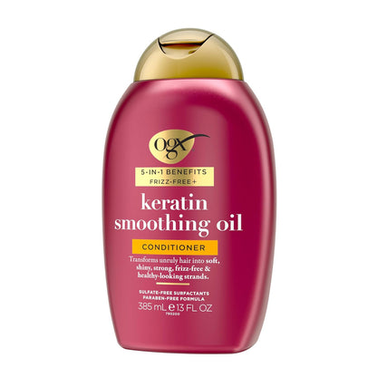 OGX Frizz-Free + Keratin Smoothing Conditioner – Mindful Self-Care Ritual for Daily Hair Renewal at Home